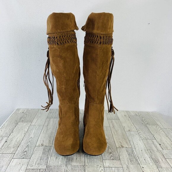 Mudd Womens Reto Tall Boots Size 6.5 Cognac Brown Hippie Bohemian Fringe Tassel - Picture 5 of 14